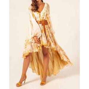 NEW MASAVI leafs asymmetrical dress in mustard